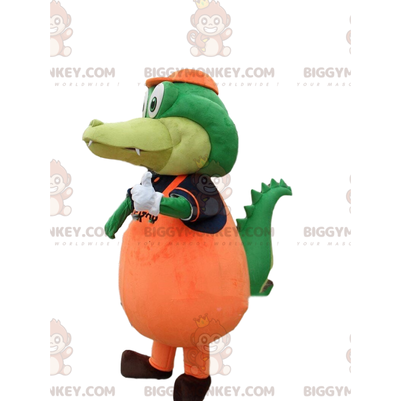 Kostým maskota BIGGYMONKEY™ zeleného krokodýla v oranžovém