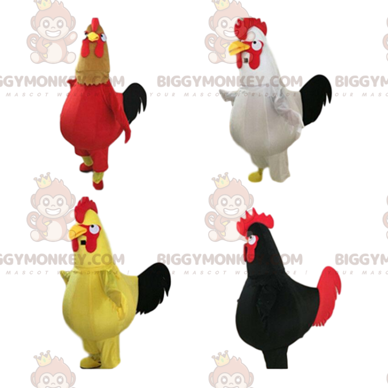 4 coqs géants et colorés, mascotte BIGGYMONKEY™ de poulets