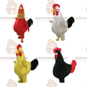 4 coqs géants et colorés, mascotte BIGGYMONKEY™ de poulets