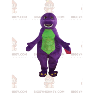 Mascote de dinossauro roxo e verde com um grande focinho