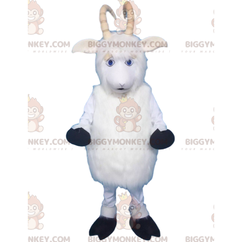 Traje de mascote de ovelha, cabra, carneiro branco com chifres