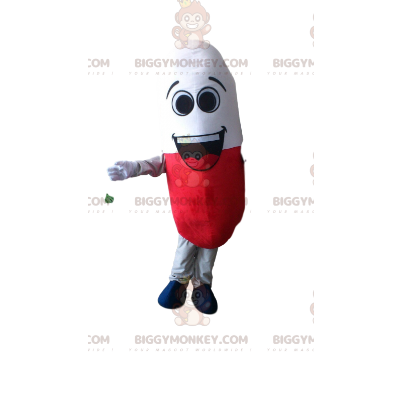 Costume de mascotte BIGGYMONKEY™ de pilule rouge et blanche