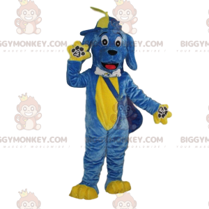 Blauwe en gele hond BIGGYMONKEY™ mascottekostuum, kleurrijk