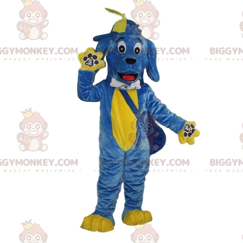 Blå och gul hund BIGGYMONKEY™ maskotdräkt, färgglad hunddräkt -