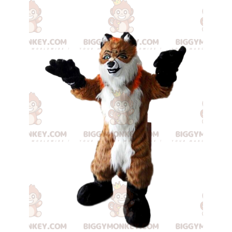 Traje de mascote BIGGYMONKEY™, raposa peluda, laranja e branco