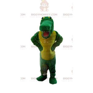 Traje de mascote BIGGYMONKEY™ de crocodilo verde e amarelo