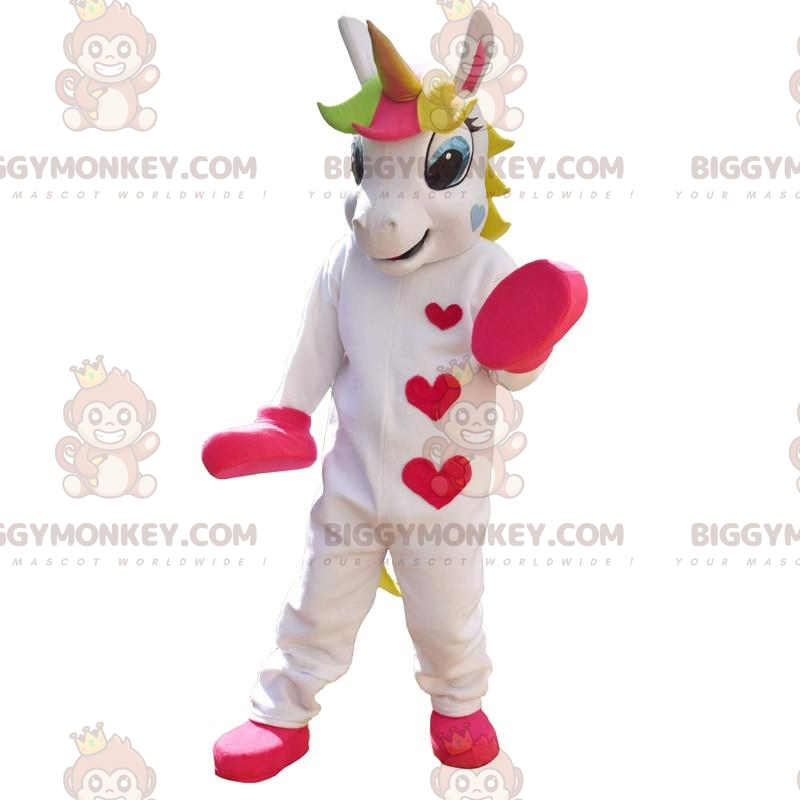 Weißes und rosafarbenes Einhorn BIGGYMONKEY™ Maskottchenkostüm