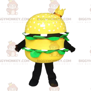 BIGGYMONKEY™ maskotkostume af gul hamburger med krone, fastfood