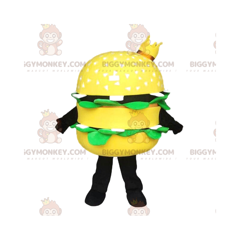 BIGGYMONKEY™ mascot costume of yellow hamburger with a crown