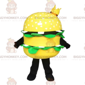 BIGGYMONKEY™ mascot costume of yellow hamburger with a crown