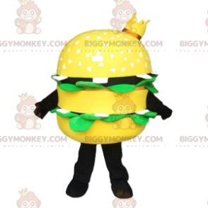 Fato de mascote BIGGYMONKEY™ de hambúrguer amarelo com coroa