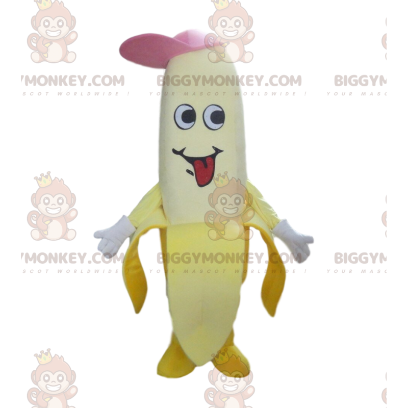 Banana BIGGYMONKEY™ mascot costume with a cap, giant fruit