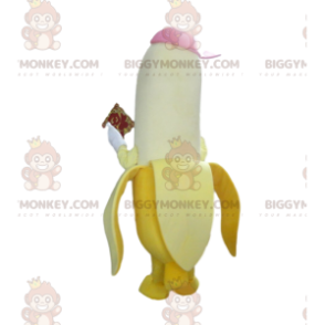 Banana BIGGYMONKEY™ mascot costume with a cap, giant fruit