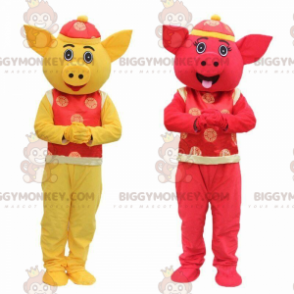 2 BIGGYMONKEY™s maskot av gula och röda grisar, asiatisk
