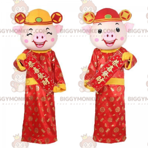 2 porcos mascote do BIGGYMONKEY™ em trajes asiáticos, mascote