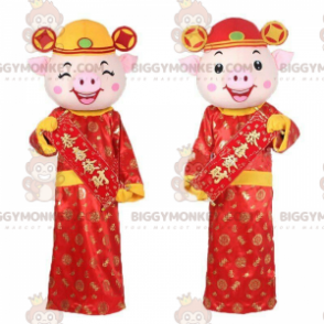 Duo de mascottes BIGGYMONKEY™ de cochons en tenue asiatiques