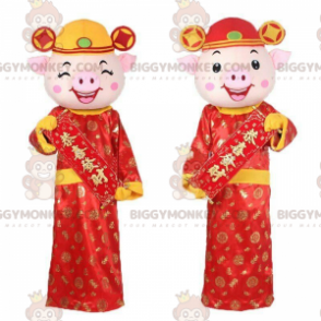 maiali mascotte di BIGGYMONKEY in abiti asiatici, mascotte di