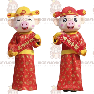 2 BIGGYMONKEY™s mascot pigs in Asian outfits, Asian