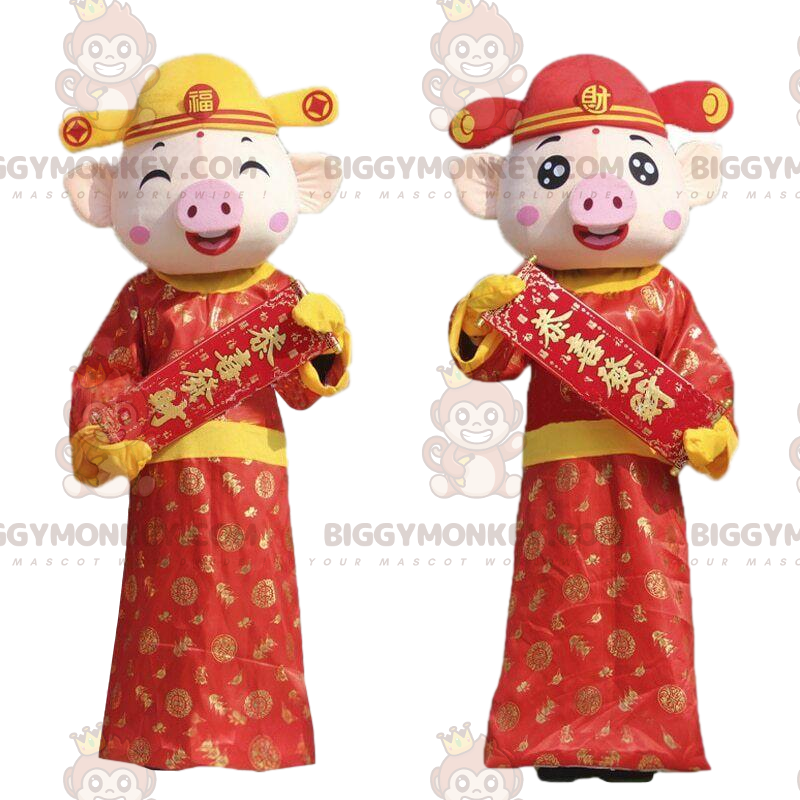 2 porcos mascote do BIGGYMONKEY™ em trajes asiáticos, mascote