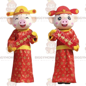 2 BIGGYMONKEY™s mascot pigs in Asian outfits, Asian