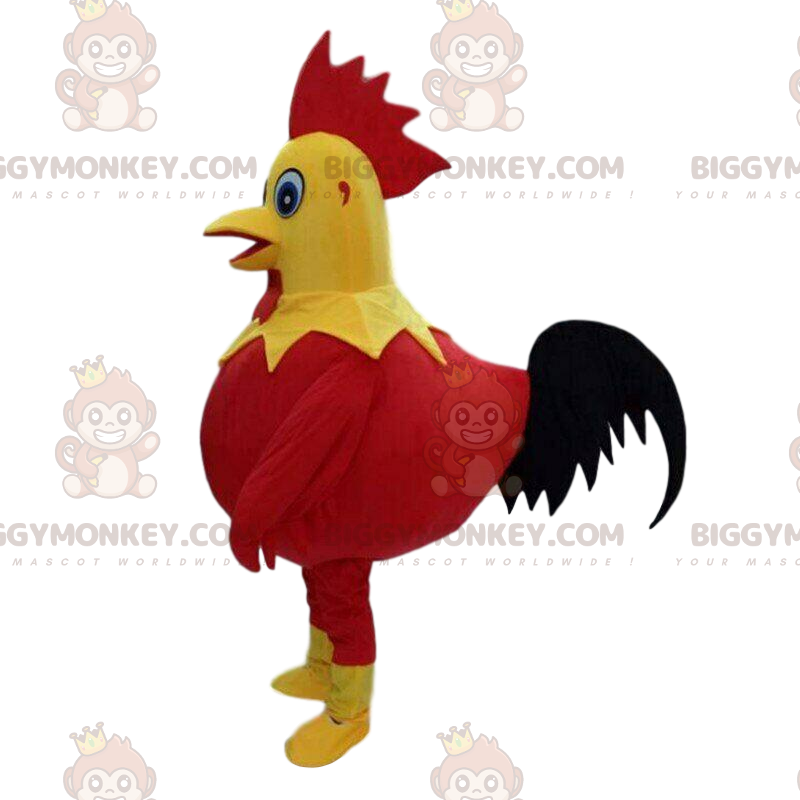 BIGGYMONKEY™ maskotdräkt röd, gul och svart tupp, kycklingdräkt