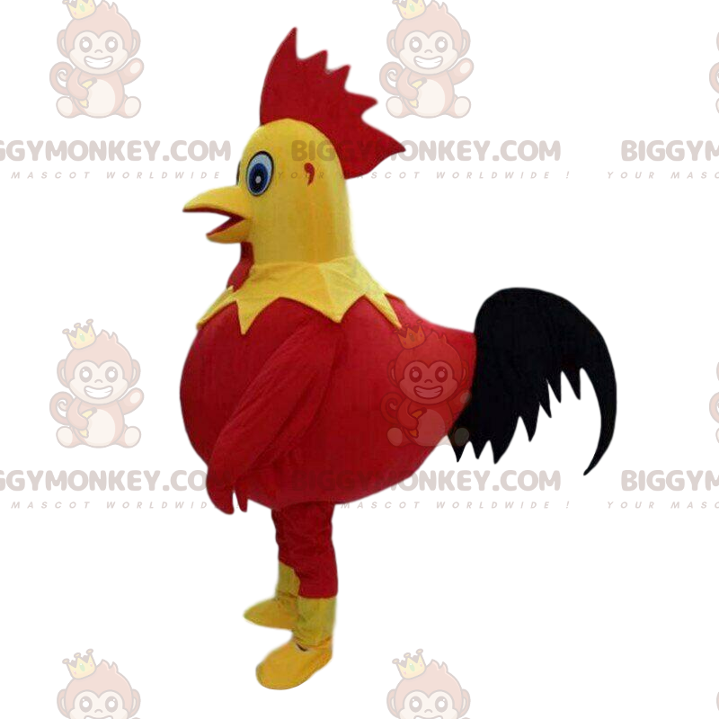 Costume de mascotte BIGGYMONKEY™ de coq rouge, jaune et noir