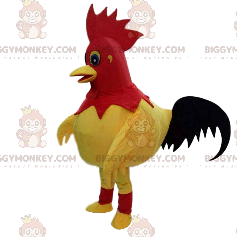 Costume de mascotte BIGGYMONKEY™ de coq jaune, rouge et noir