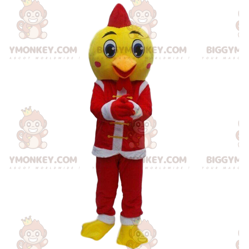 BIGGYMONKEY™ maskotdräkt av gul fågel i tomtedräkt, juldräkt -