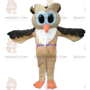 Traje de mascote BIGGYMONKEY™ Coruja marrom e branca com olhos