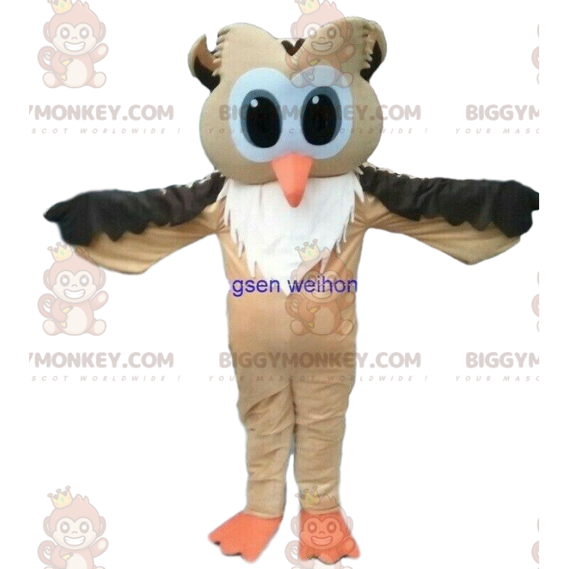 Traje de mascote BIGGYMONKEY™ Coruja marrom e branca com olhos