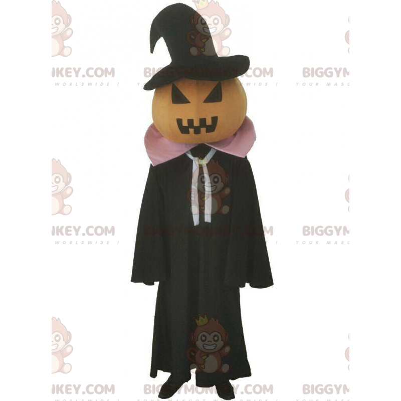 Pumpkin BIGGYMONKEY™ mascot costume with black cape, Halloween