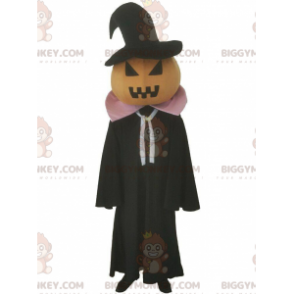 Pumpkin BIGGYMONKEY™ mascot costume with black cape, Halloween