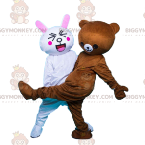 2 mascotes do BIGGYMONKEY™, um coelho branco e um ursinho de