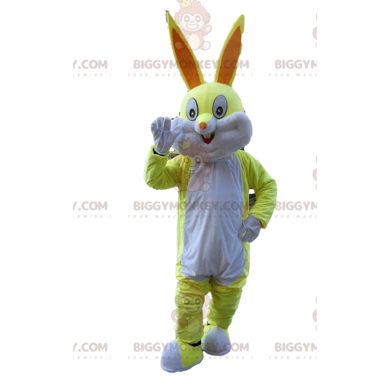 Fato de mascote BIGGYMONKEY™ coelho amarelo e branco, fato de