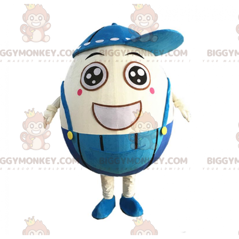 Smiling Egg BIGGYMONKEY™ Mascot Costume with Overalls, Giant