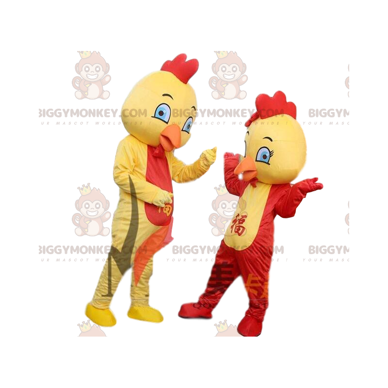 BIGGYMONKEY™ maskotkostume gule og røde kyllinger, farverigt