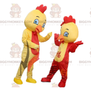 BIGGYMONKEY™ mascot costume yellow and red chickens, colorful