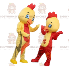 BIGGYMONKEY™ maskotkostume gule og røde kyllinger, farverigt