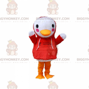 BIGGYMONKEY™ maskotdräkt av vit fågel med röd tröja, ankdräkt -