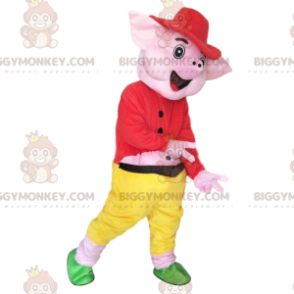 Traje de mascote de porco rosa BIGGYMONKEY™ vestido com roupa