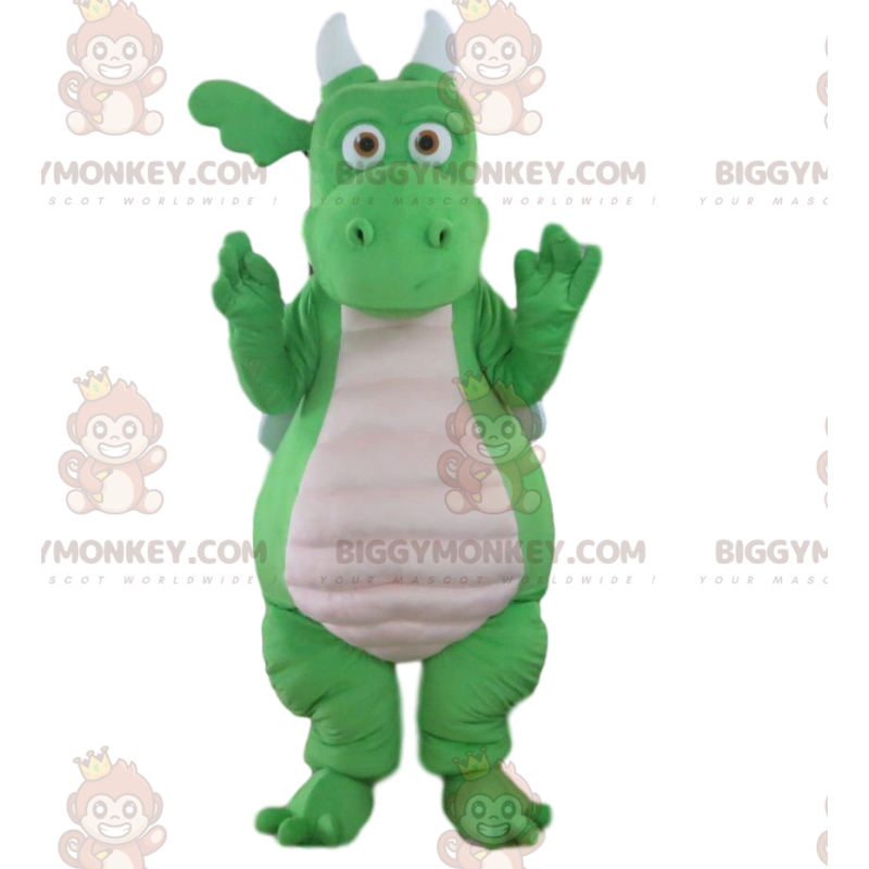 BIGGYMONKEY™ mascottekostuum groene en witte draak, reuze