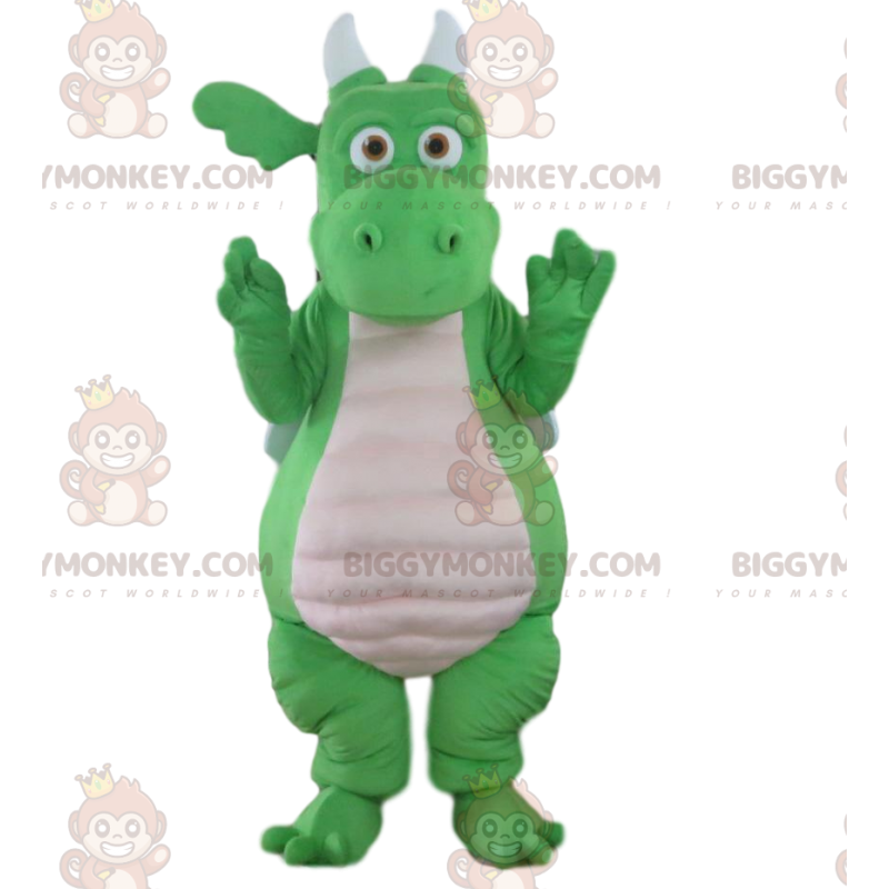 BIGGYMONKEY™ maskot kostume grøn og hvid drage, kæmpe dinosaur