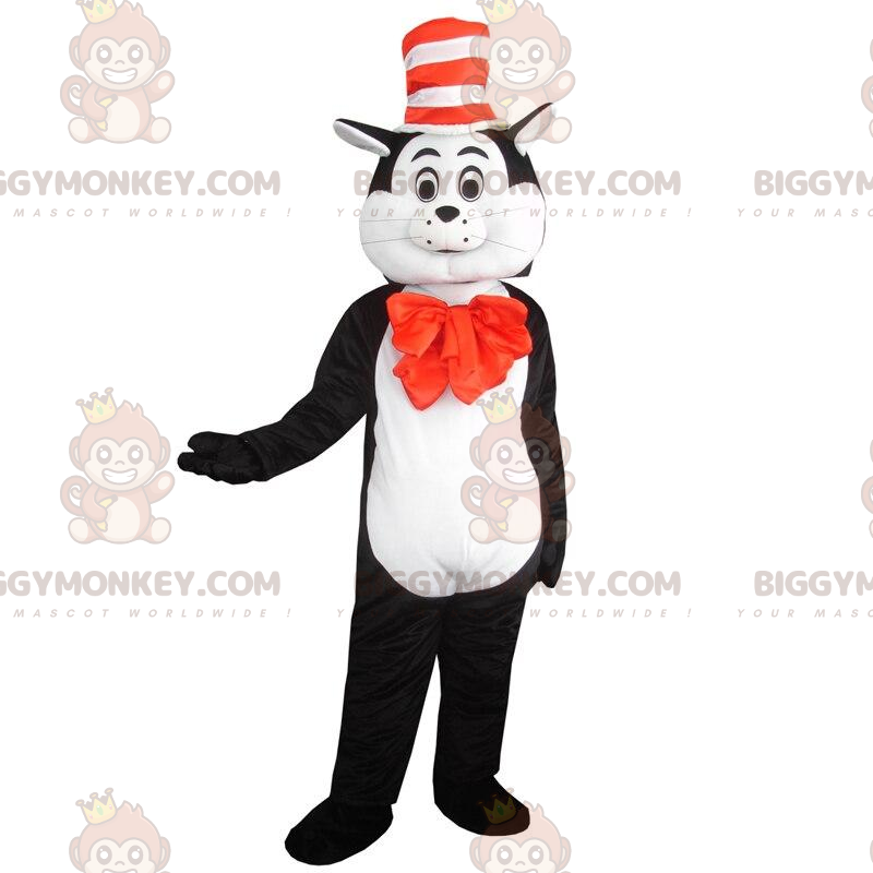 BIGGYMONKEY™ mascot costume of black and white cat with a hat