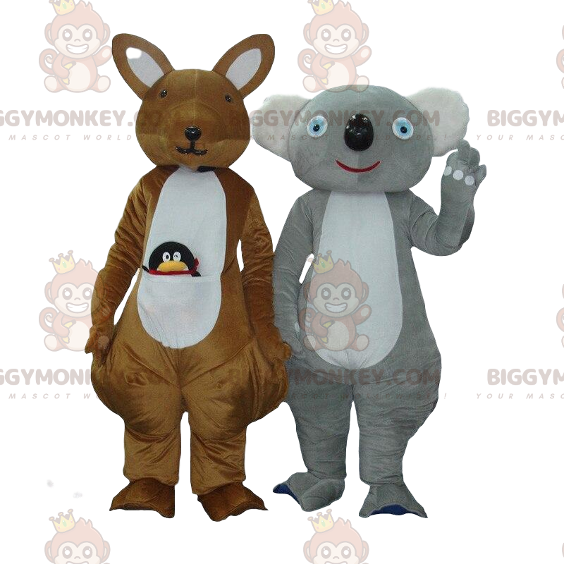 2 mascotes do BIGGYMONKEY™, um canguru marrom e um coala cinza