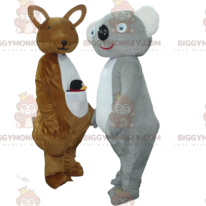 2 mascotes do BIGGYMONKEY™, um canguru marrom e um coala cinza