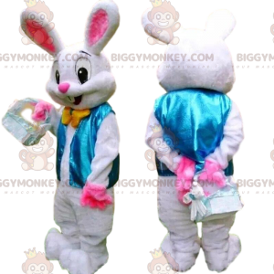 BIGGYMONKEY™ Maskotdräkt Snygg kanin med blå väst, påskhare -