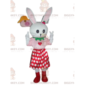 White Rabbit BIGGYMONKEY™ Mascot Costume with Polka Dot Skirt