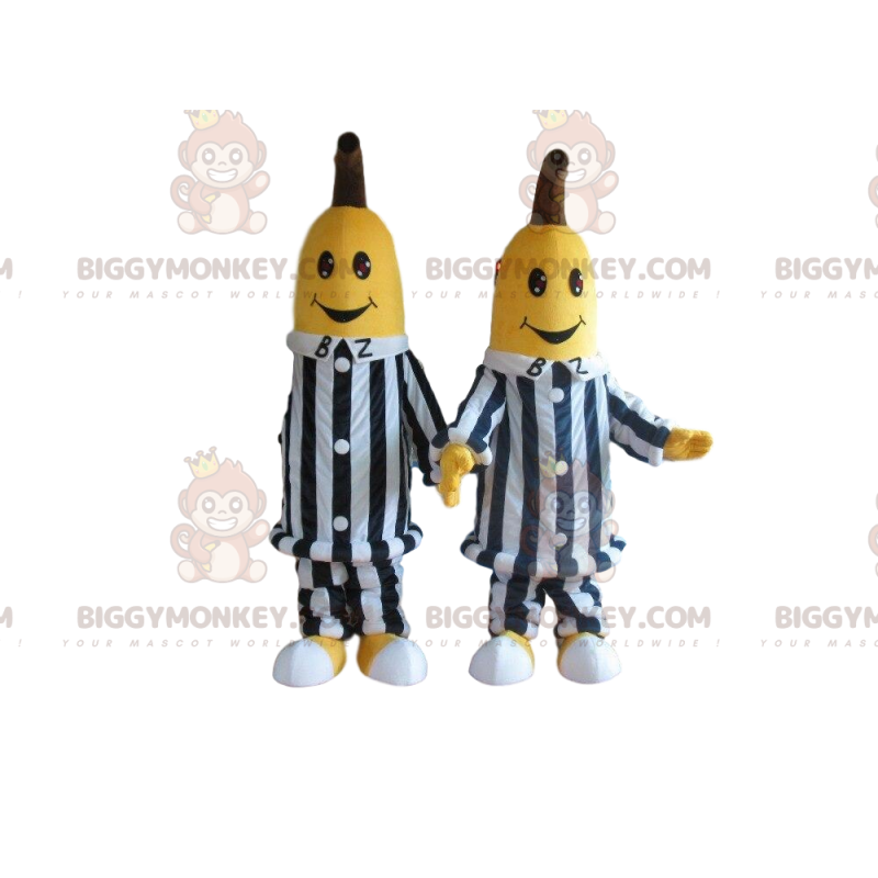 2 BIGGYMONKEY™-banaanien maskottia mustavalkoraidallisissa