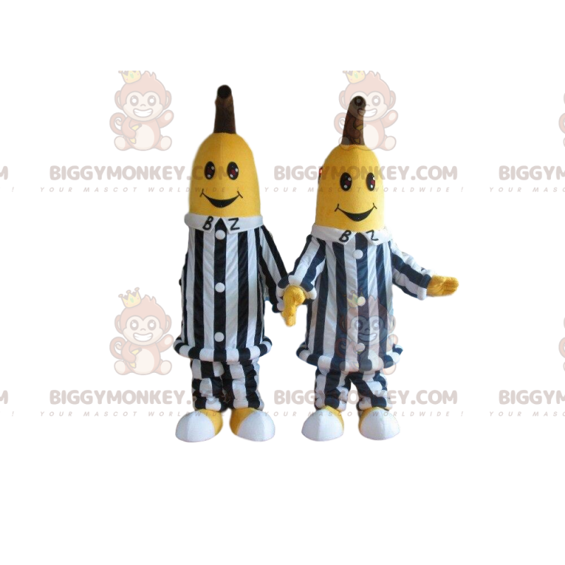 2 mascote de bananas do BIGGYMONKEY™ em roupas listradas em