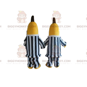 2 BIGGYMONKEY™s maskot av bananer i svart-vitrandiga kläder -